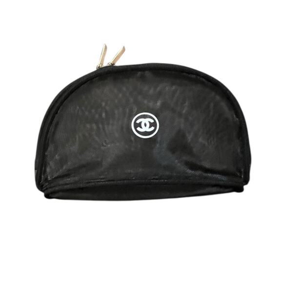 Chanel Mesh Makeup Cosmetic Pouch Case Bag Black Gold Zipper - Picture 1 of 6